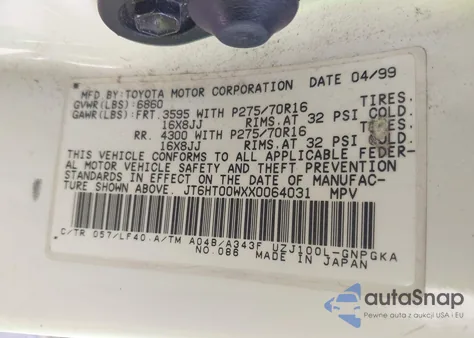 1999 Lexus Lx 470 z USA, uszkodzony, nr VIN JT6HT00WXX0064031